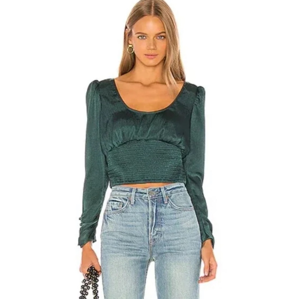 Free People Santiago Satin Cropped Blouse Top Evergreen Size Large Feminine
